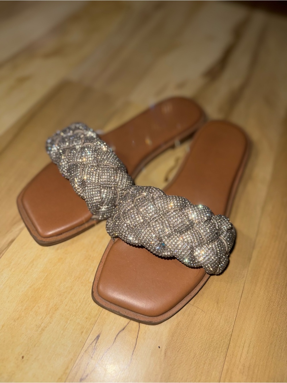 Embellished Braided Slide Sandals in Brown and Silver